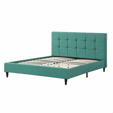 HOMEROOTS Modern Upholstered Square Stitched Platform Bed With Wooden Slats Blue - Queen Size 303546